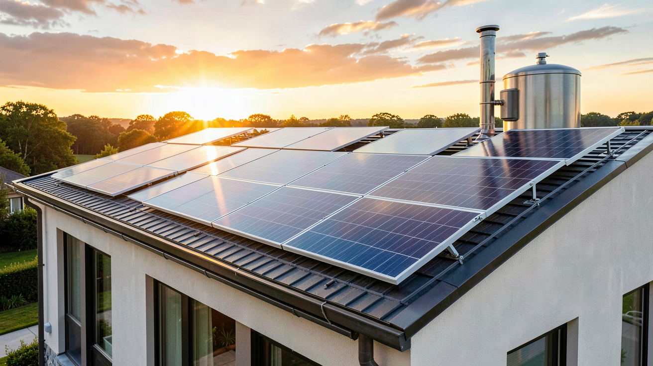 solaire thermique : panneaux solaires thermiques installés sur le toit d'une maison moderne