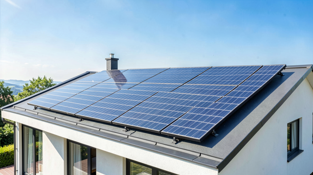 solar panneau solaire installé sur la toiture d'une maison moderne sous un ciel dégagé