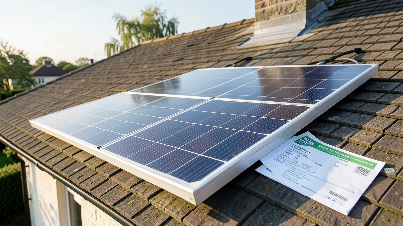 solar photovoltaïque : panneau solaire installé sur un toit avec documents d'aides financières 2024 (prime autoconsommation, TVA réduite)