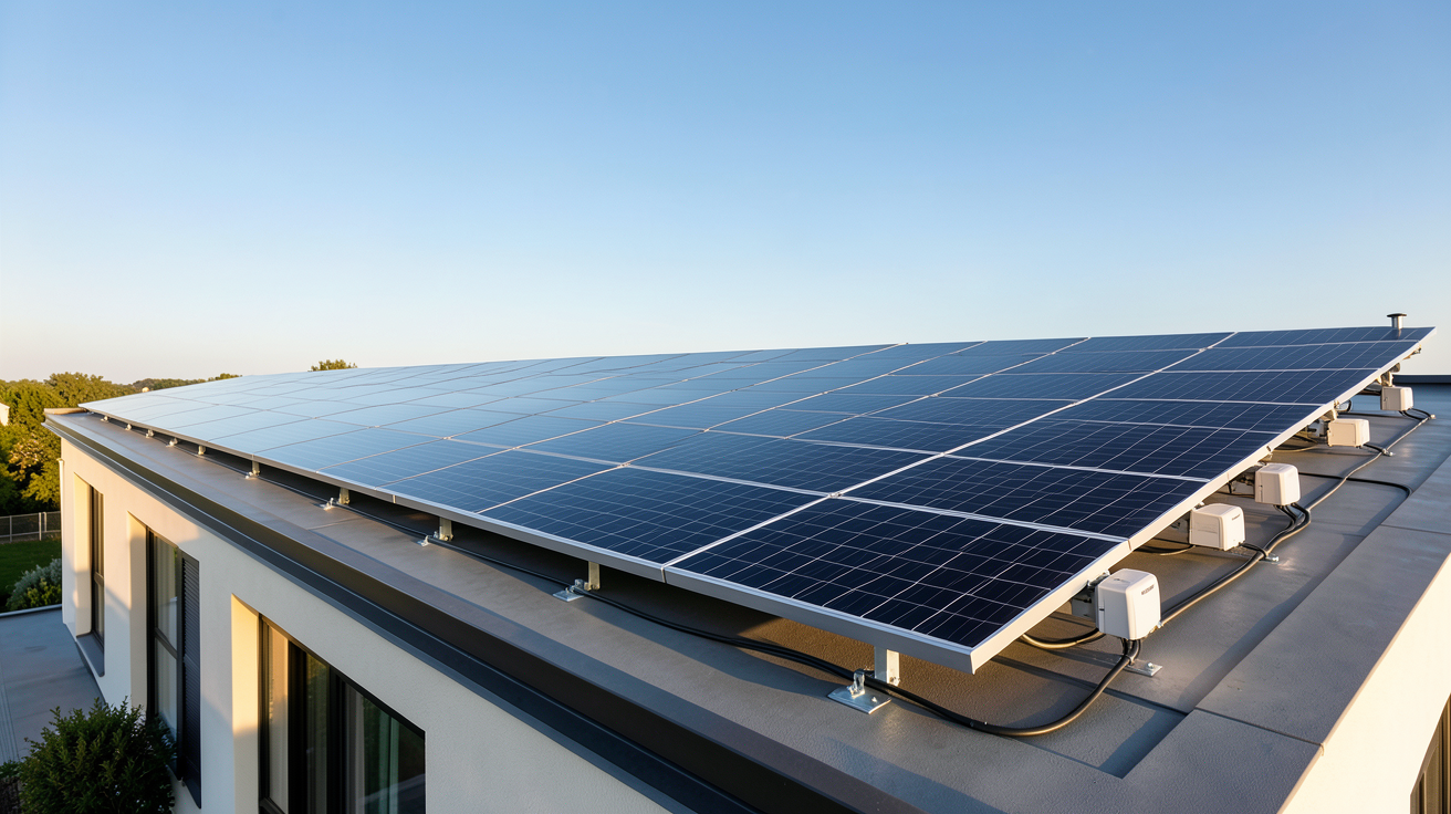 solar photovoltaïque installation complète sur le toit d'une maison moderne avec panneaux solaires noirs
