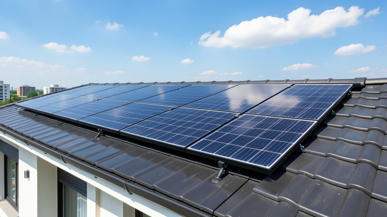 solar photovoltaïque installé sur le toit d'une maison urbaine moderne avec des panneaux noirs brillants