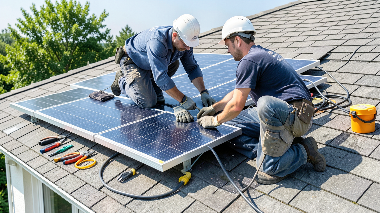 solartech panneau solaire installation chez Prime Énergie Rénovation technicien installant un panneau solaire sur un toit