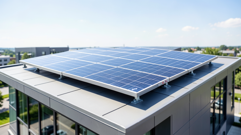 solartech panneau solaire installé sur le toit d'un bâtiment moderne, capturé en haute résolution avec une lumière naturelle éclatante