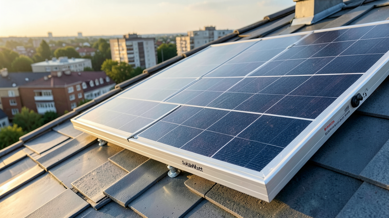 solarwatt bi verre Panel vision H 3.0 installé sur un toit avec vue détaillée des cellules photovoltaïques