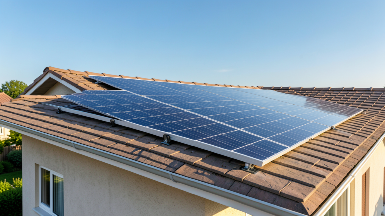 panneau solaire photovoltaïque installé sur le toit d'une maison individuelle avec ciel bleu dégagé