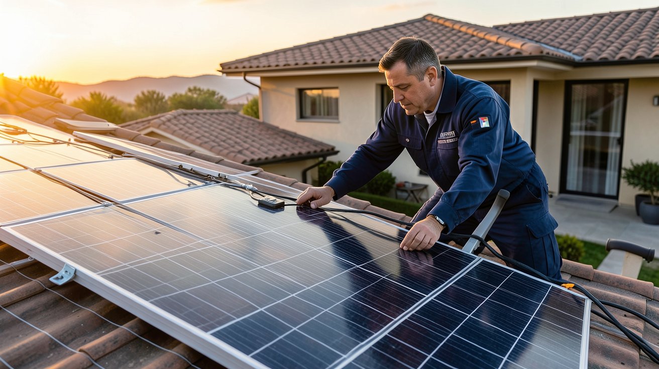 solution photovoltaique coût installation 2024 avec installateur ajustant des panneaux solaires sur un toit