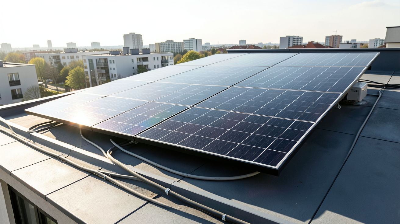 solution photovoltaique montrant des panneaux solaires noirs sur le toit d'une maison urbaine moderne