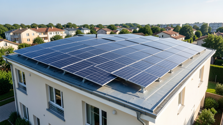 solution photovoltaique installation de panneaux solaires sur le toit d'une maison moderne, capturée en haute résolution.