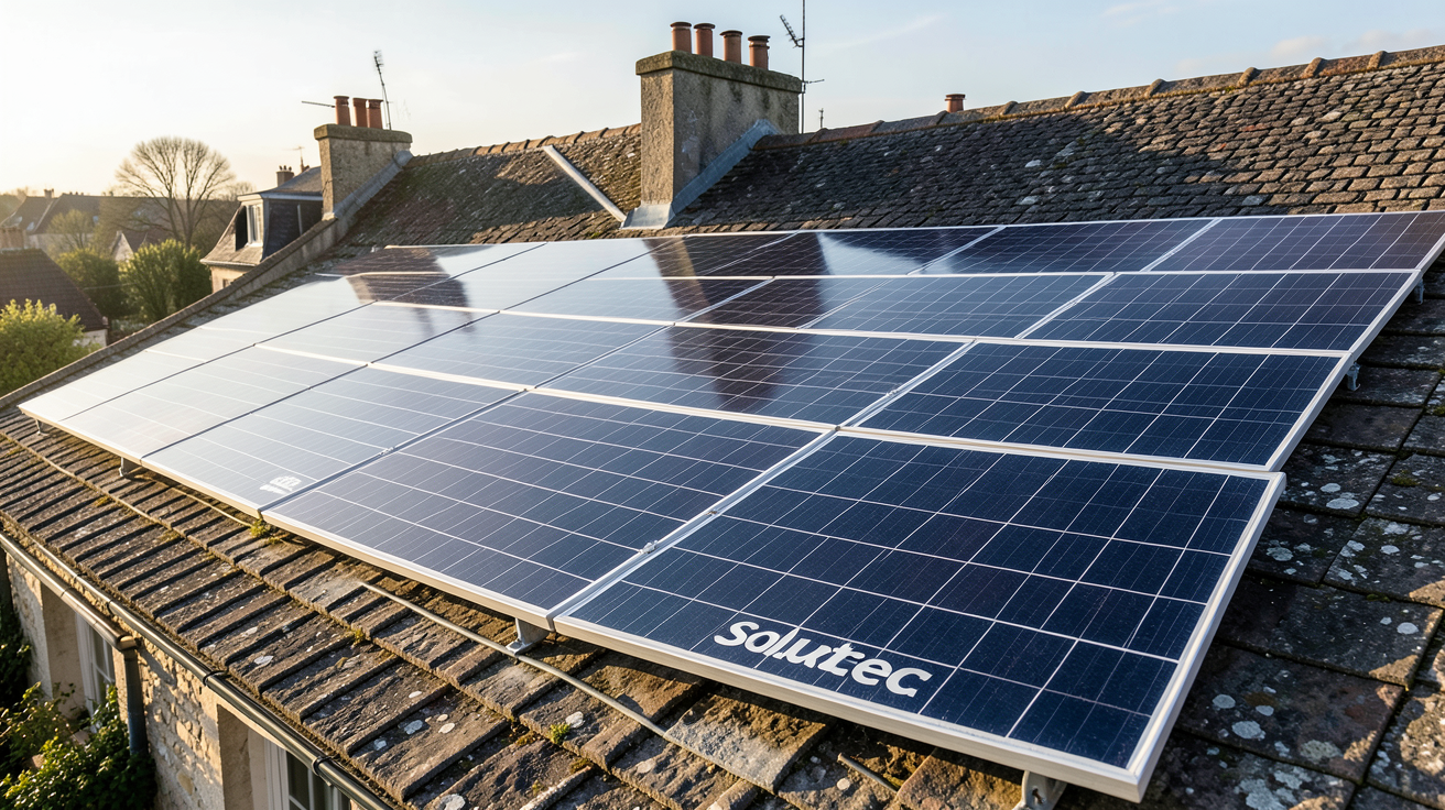 soluxtec panneau solaire gamme de panneaux disponible sur le marché français, présentés sur un toit en tuiles avec lumière naturelle