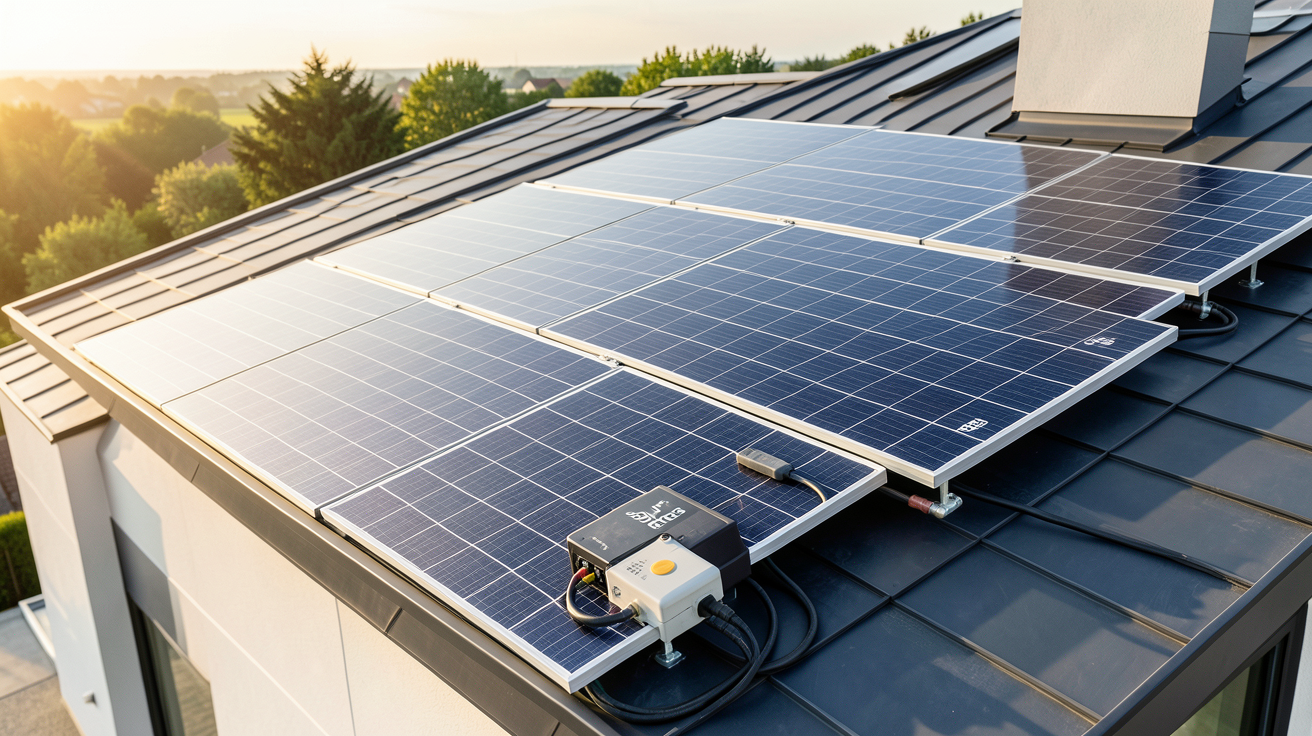 soluxtec panneau solaire installé sur une toiture moderne avec système d'autoconsommation visible