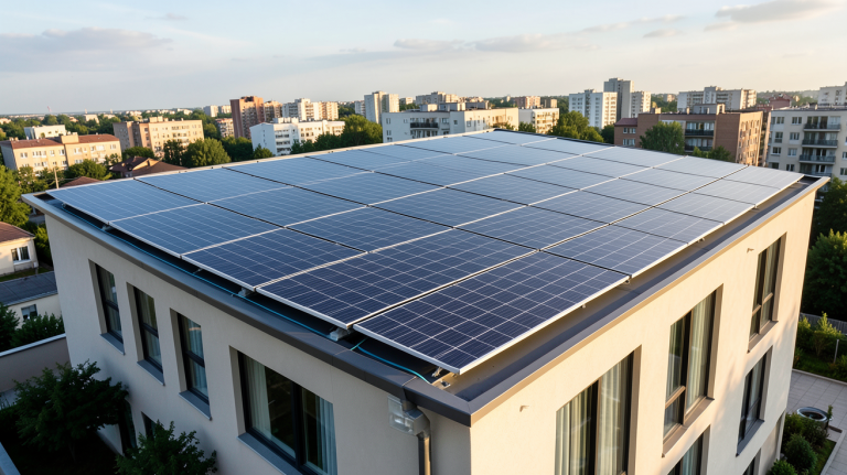 sonology solaire installation de panneaux photovoltaïques noirs sur le toit d'une maison urbaine moderne