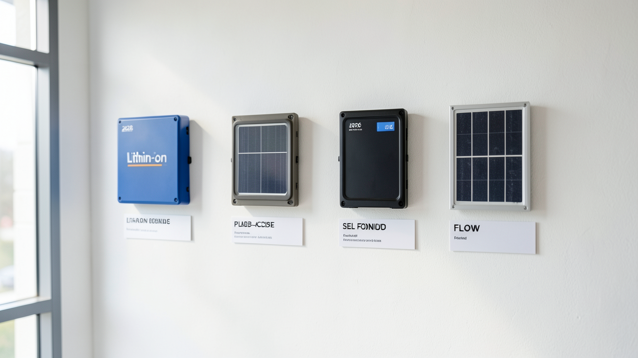 stockage batterie solaire présentant les quatre types de batteries en 2026 : lithium-ion, plomb-acide, sel fondu et flow