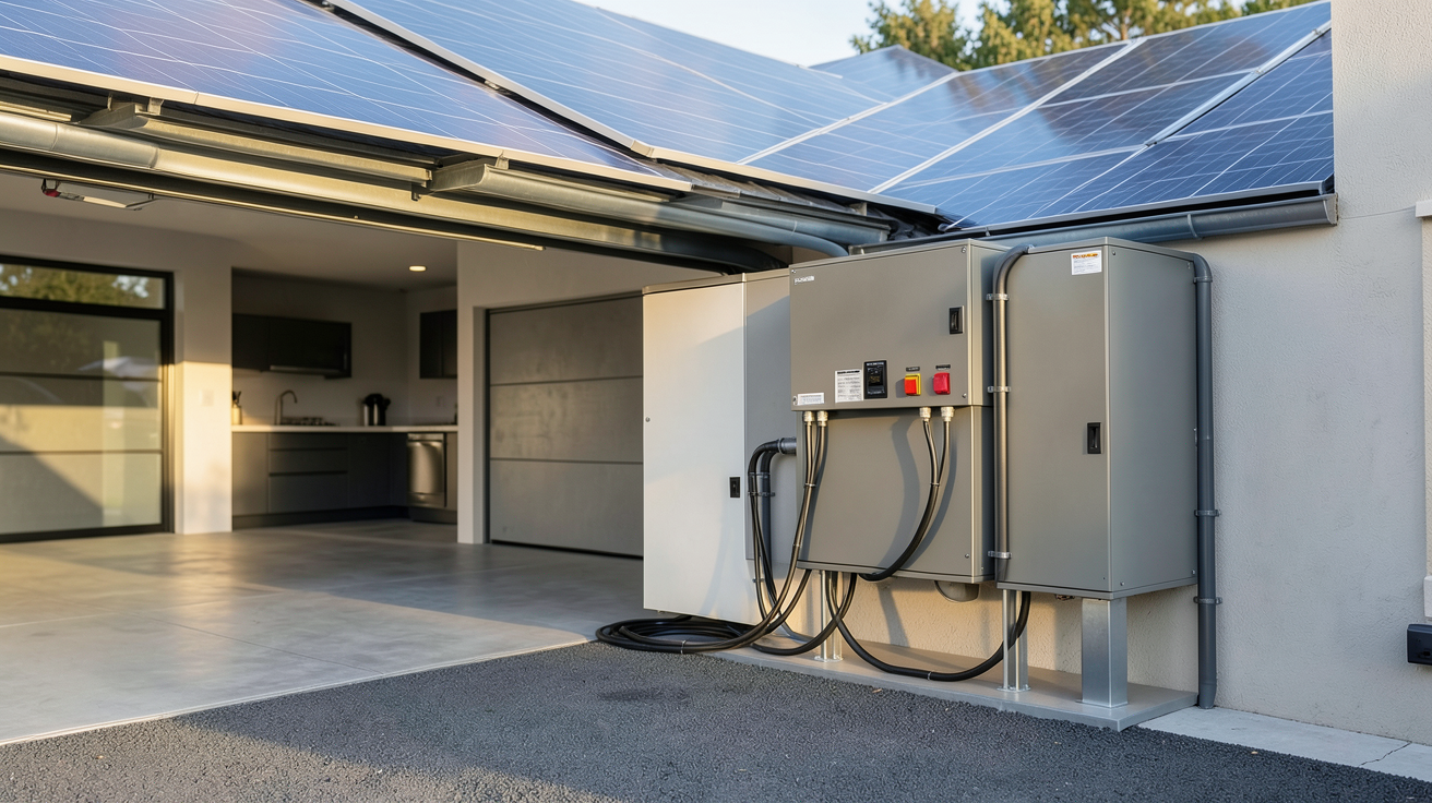stockage batterie solaire installée dans un garage moderne avec panneaux solaires sur le toit