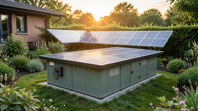 stockage batterie solaire installé dans un jardin de maison écologique avec panneaux solaires en arrière-plan