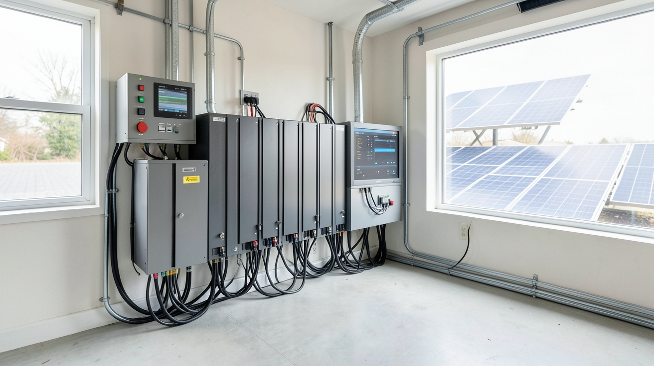 stockage batterie solaire moderne avec batteries lithium-ion alignées dans un garage bien éclairé