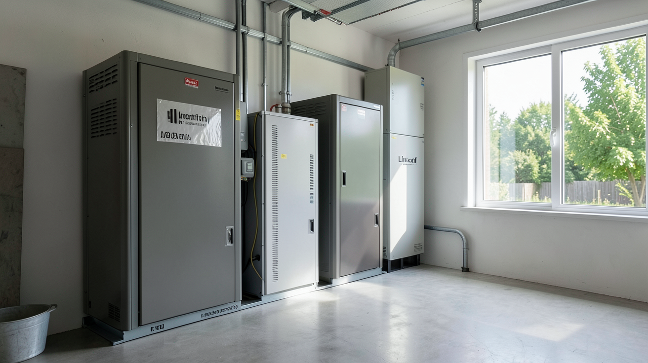 stockage d'énergie solaire avec batteries lithium-ion installées dans un garage domestique