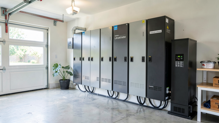 stockage de l énergie solaire avec des batteries lithium-ion modernes dans un garage domestique