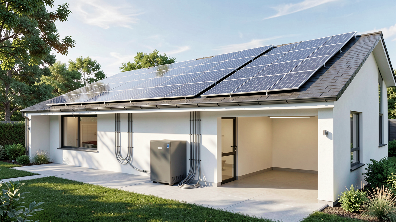 stockage de l énergie solaire système complet installé dans une maison moderne avec panneaux solaires et batterie de stockage