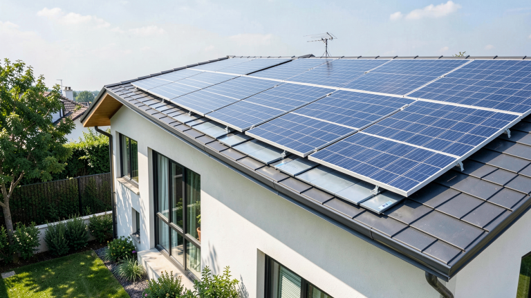 stockage électricité panneau solaire batteries lithium‑ion reliées à des panneaux photovoltaïques sur le toit d’une maison moderne