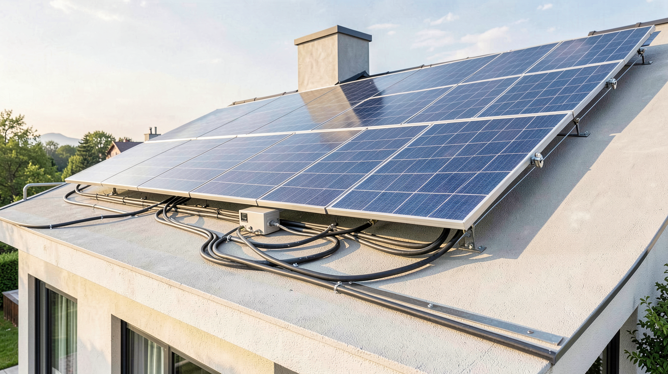 stockage électricité panneau solaire installation optimisée sur toit de maison moderne