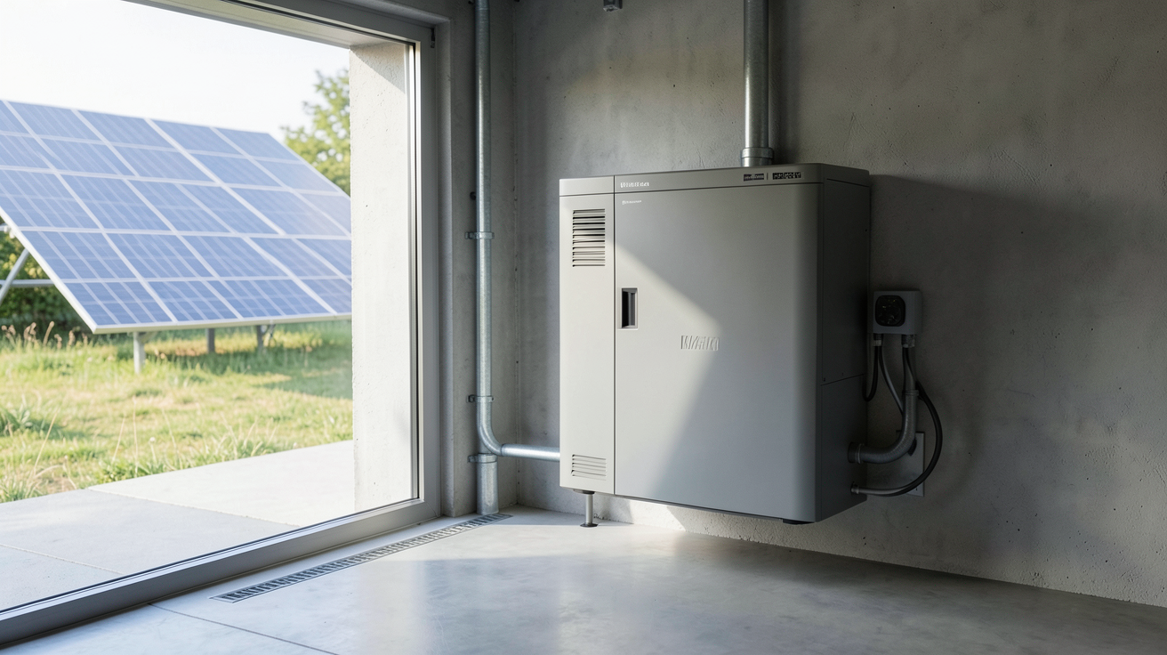 stockage electricité photovoltaique batterie lithium-ion installée dans un garage moderne