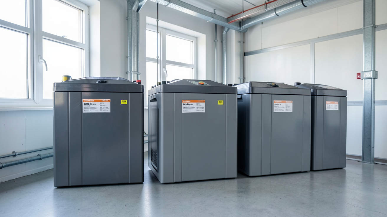 stockage électricité photovoltaïque : top 5 des batteries solaires en 2024 alignées dans un local technique