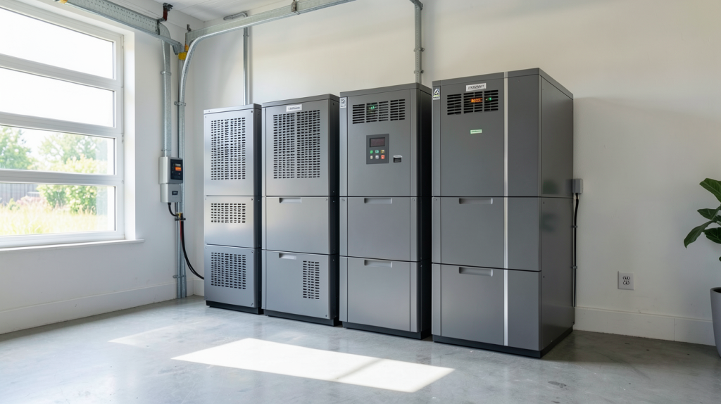stockage électricité solaire avec batteries lithium-ion installées dans un garage moderne