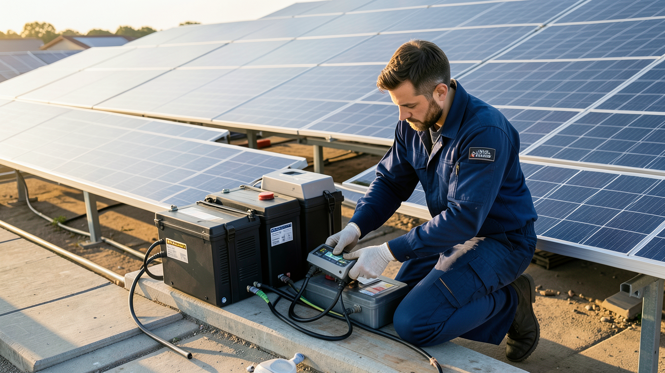 stockage énergie panneau solaire étapes installation bonnes pratiques avec technicien installant un système de batteries
