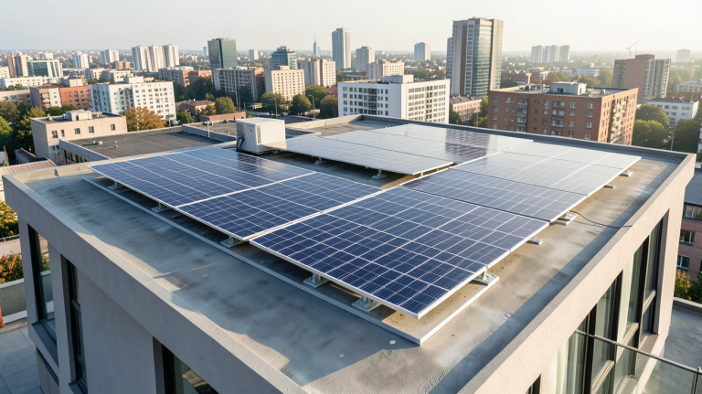 stockage énergie panneau solaire installé sur le toit d'une maison urbaine moderne