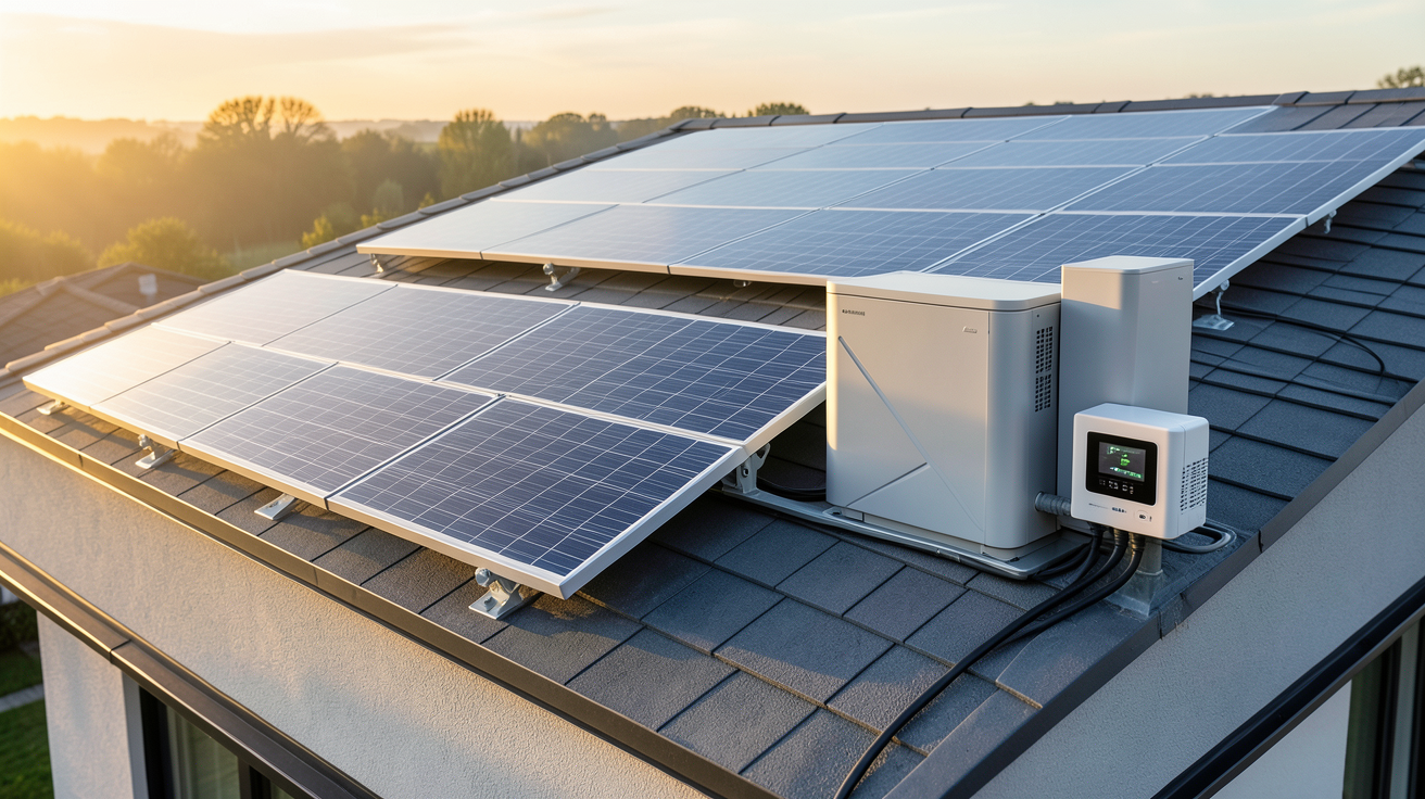 stockage énergie panneau solaire montrant les principales technologies de stockage en 2025 avec panneaux photovoltaïques et batterie domestique