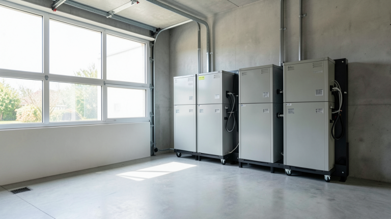 stockage énergie photovoltaïque avec batteries lithium-ion installées dans un garage moderne