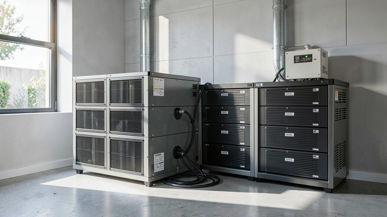stockage énergie solaire autonome dans un garage moderne avec batteries et onduleur connecté