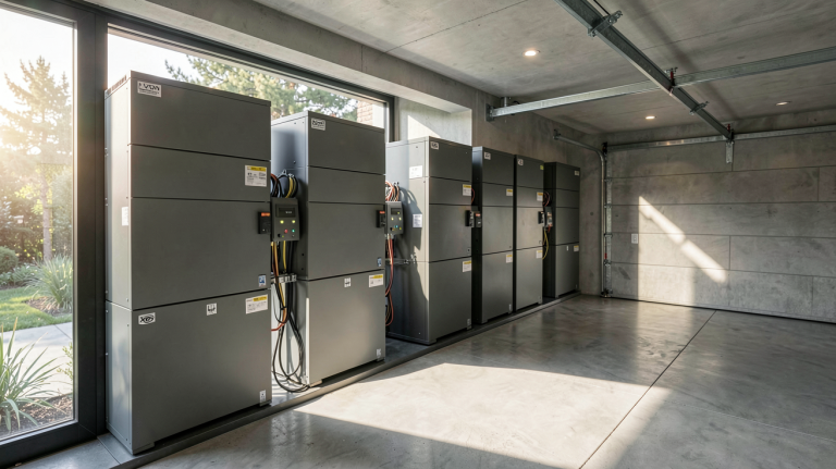 stockage énergie solaire avec batteries lithium-ion installées dans un garage contemporain