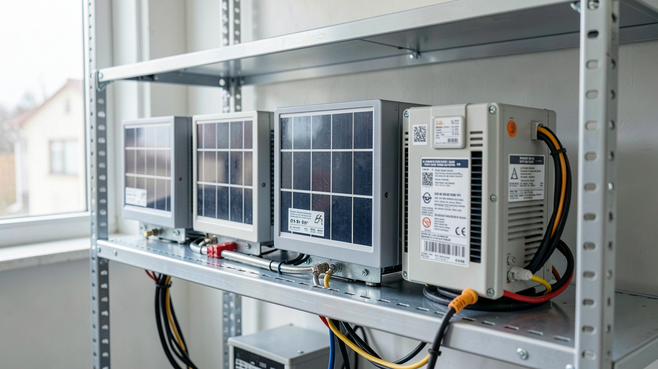 stockage énergie solaire : batteries physiques alignées sur une étagère métallique dans un local technique