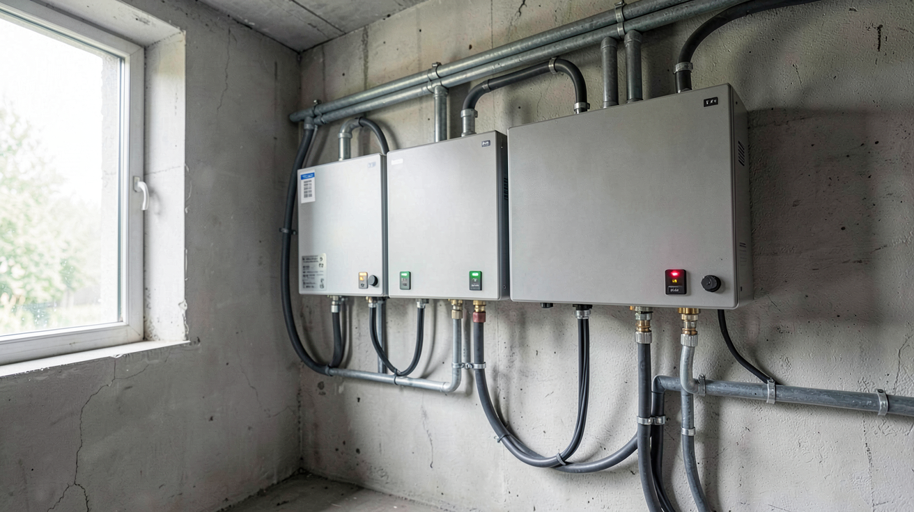 stockage énergie solaire installation système dans un garage avec batteries lithium-ion et câbles électriques organisés
