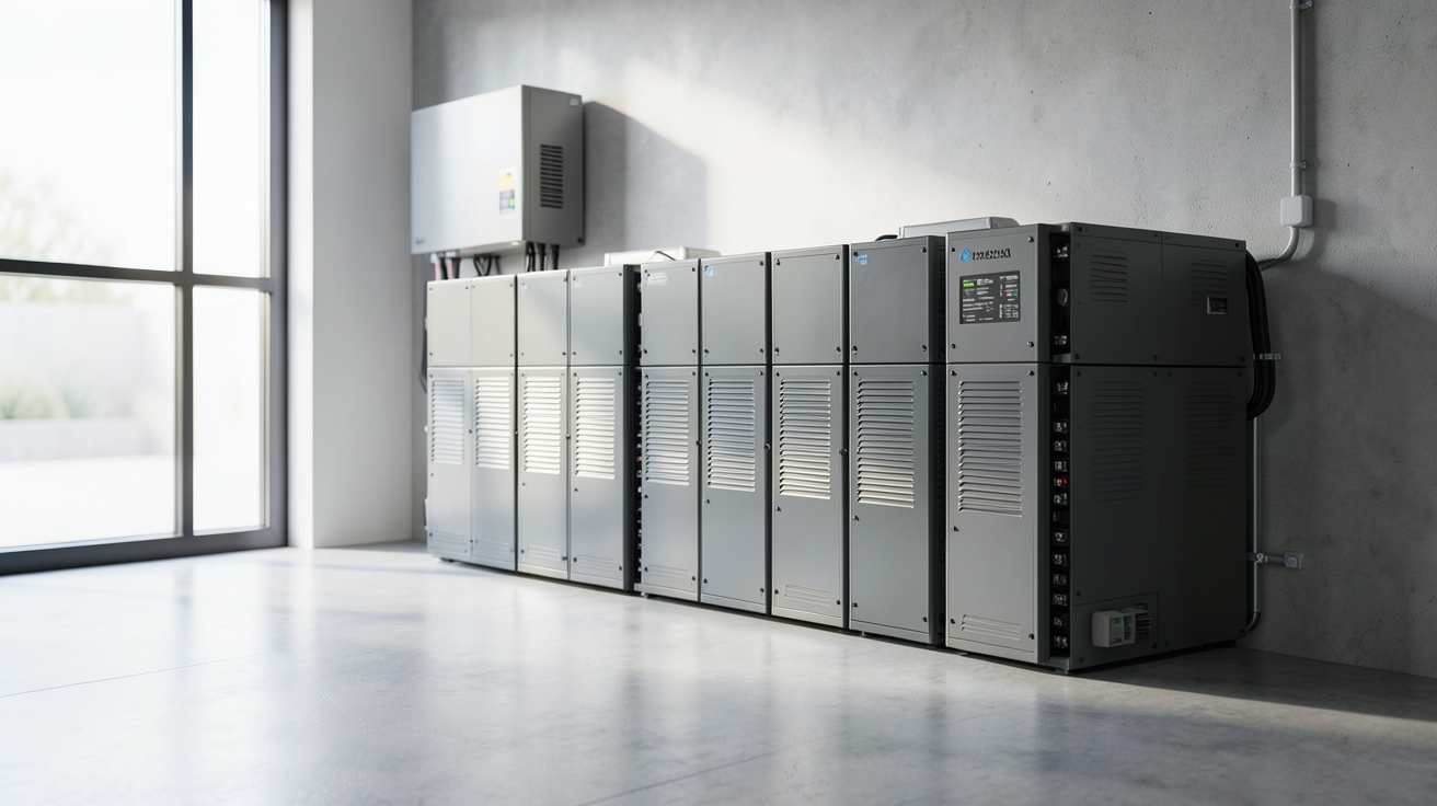 stockage panneau solaire avec batteries lithium-ion et onduleur dans un garage moderne