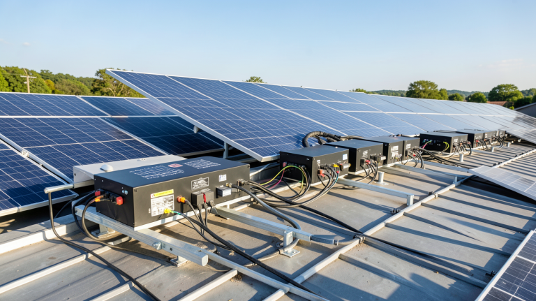 stockage panneau solaire avec batterie lithium positionnée à côté de panneaux photovoltaïques sur un toit, éclairage naturel et détail net