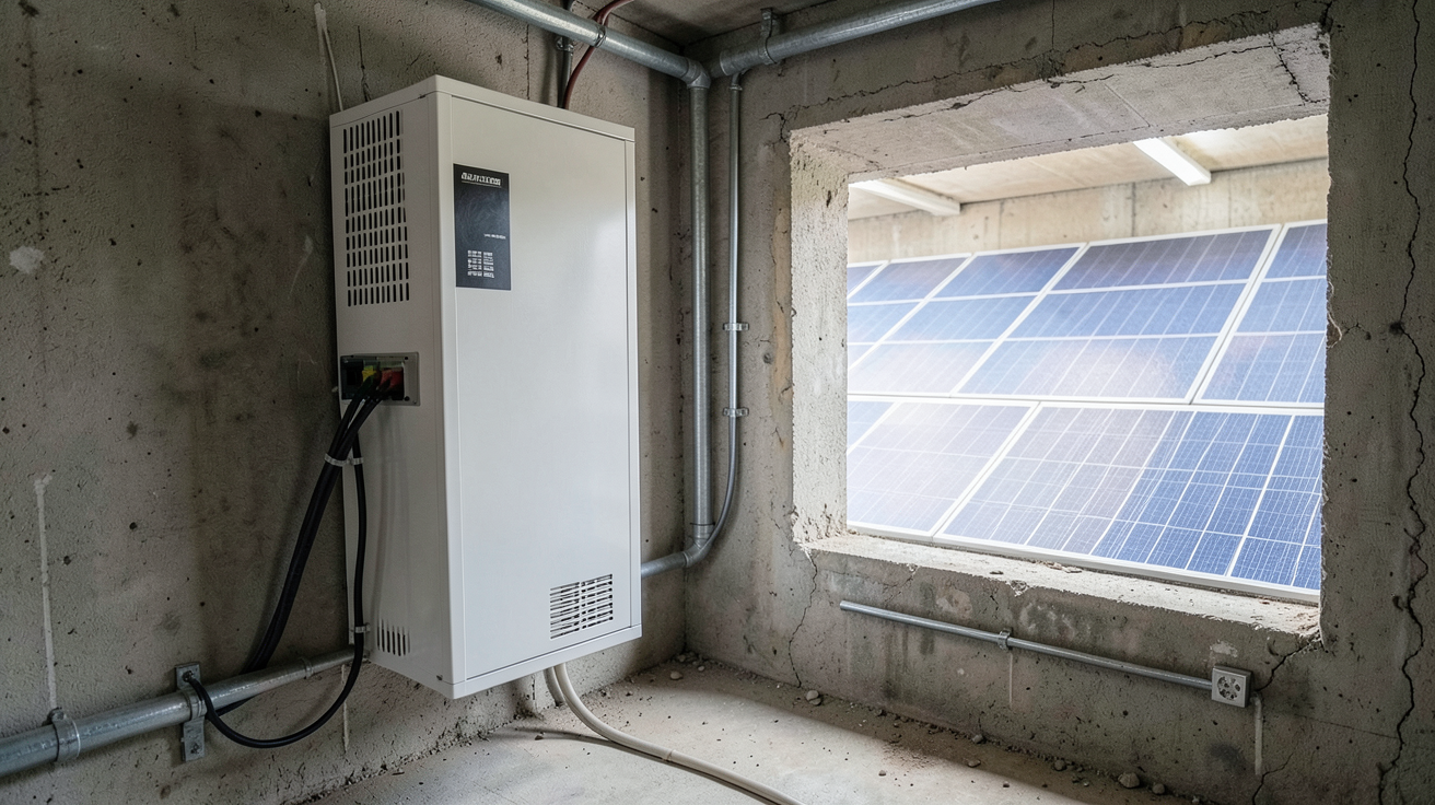 stockage panneau solaire : batterie solaire moderne installée dans un espace intérieur avec panneaux solaires visibles à travers une fenêtre