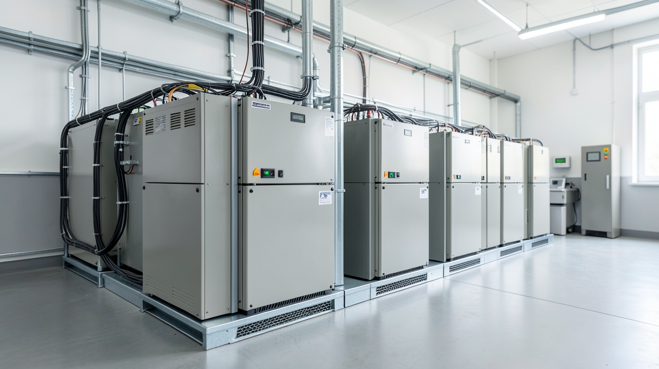 stockage panneau solaire avec batteries lithium-ion modernes alignées dans un local technique