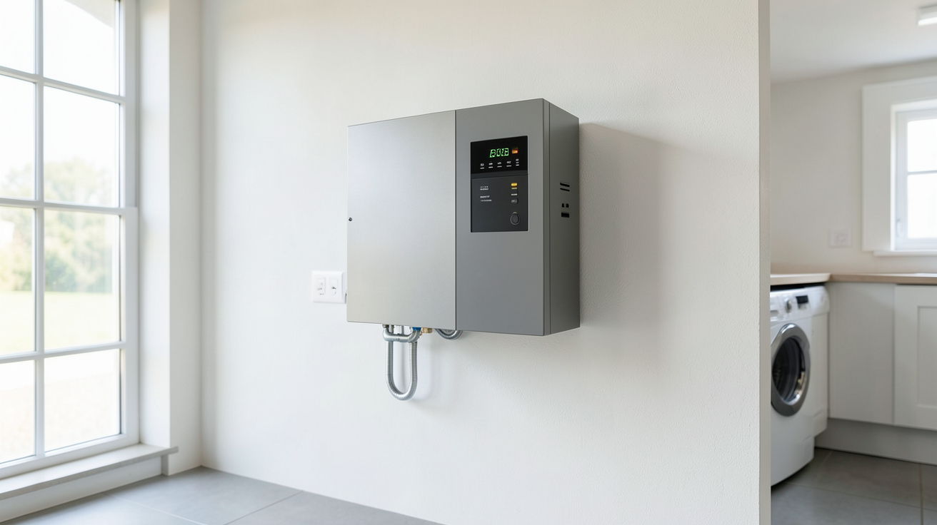 stockage panneaux photovoltaiques illustré par une batterie de stockage domestique installée sur un mur blanc.