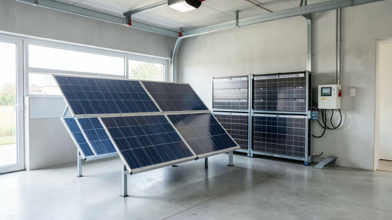 stockage panneaux photovoltaiques installé dans un garage moderne avec batteries et onduleur