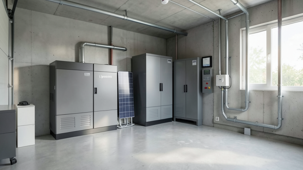 stockage photovoltaïque composé de batteries lithium-ion installées dans un garage moderne
