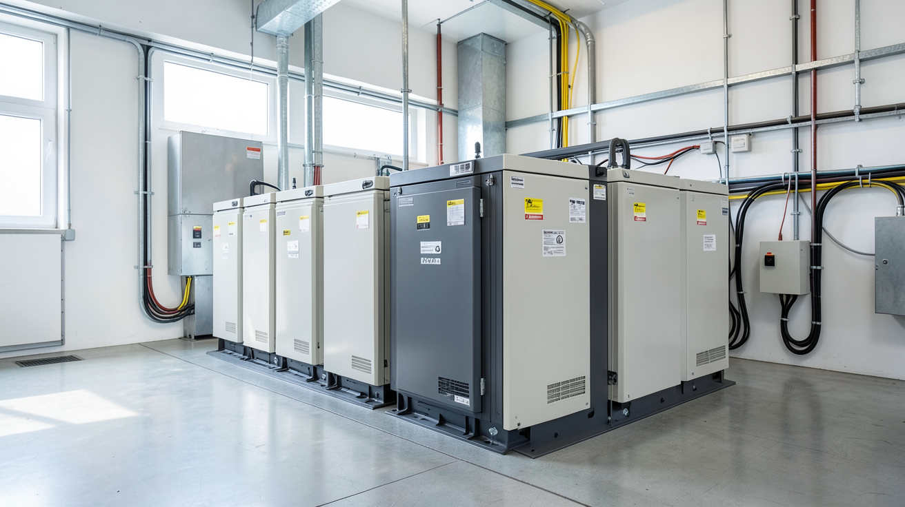 stockage photovoltaïque composé de batteries solaires modernes alignées dans un local technique