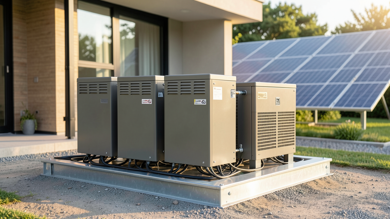 stockage photovoltaïque avec batteries lithium-ion installées à l'extérieur d'une maison moderne