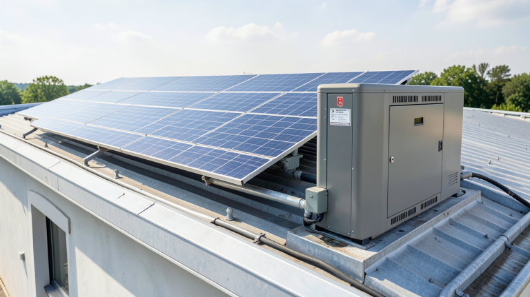 stockage solaire batterie installé sur un toit avec panneaux photovoltaïques et batterie haute capacité