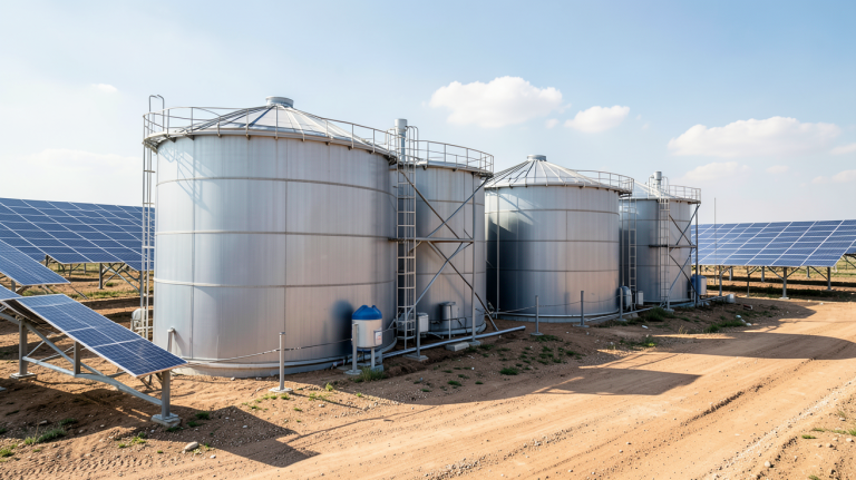 stockage solaire réservoirs d'énergie thermique visibles dans une centrale solaire moderne, photo ultra réaliste en haute résolution