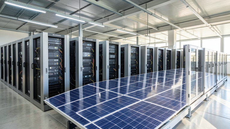 stockage virtuel photovoltaïque montrant un centre de données alimenté par des panneaux solaires dans un environnement lumineux