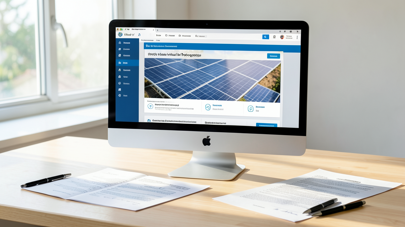 stockage virtuel photovoltaïque interface de souscription sur écran d'ordinateur avec documents et stylo