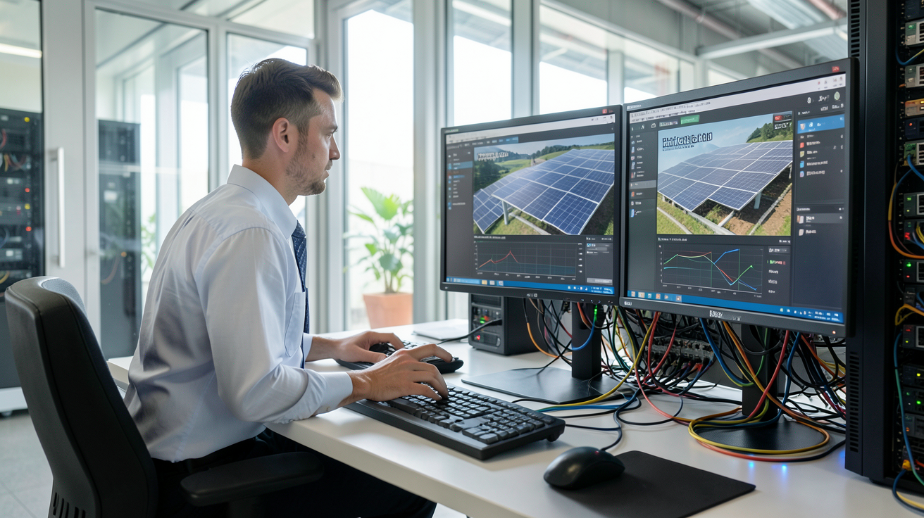 stockage virtuel solaire illustré par un serveur informatique dans un data center avec des graphiques de production énergétique