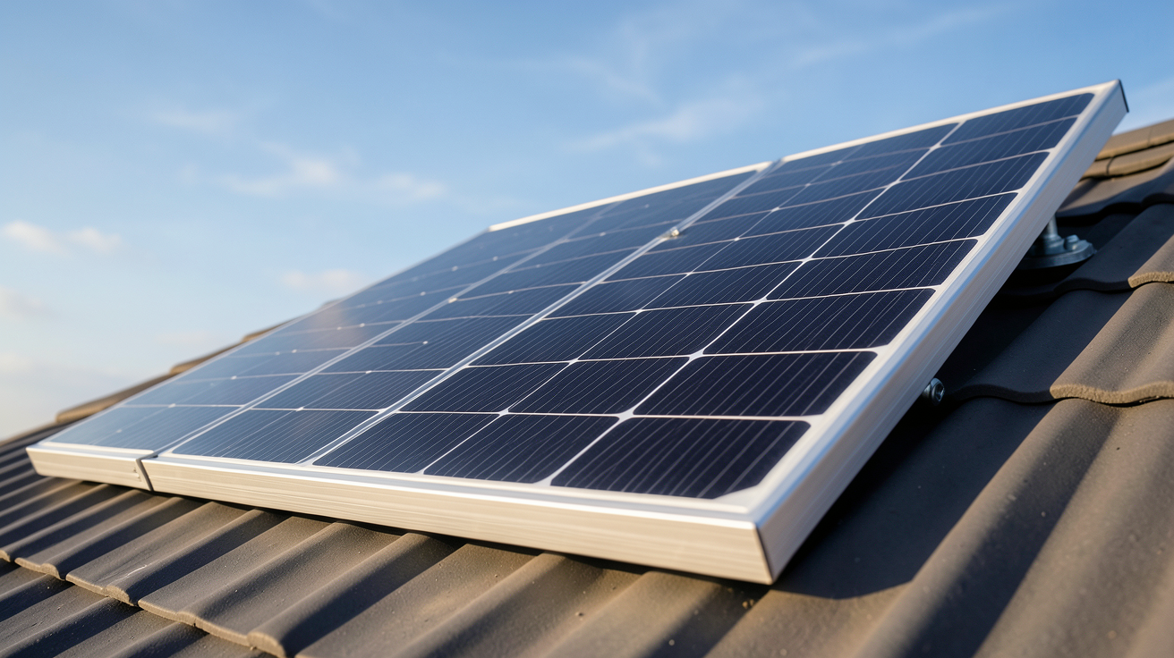 panneau solaire SunPower Maxeon 3 posé sur un toit incliné avec des cellules photovoltaïques noires et un cadre en aluminium anodisé